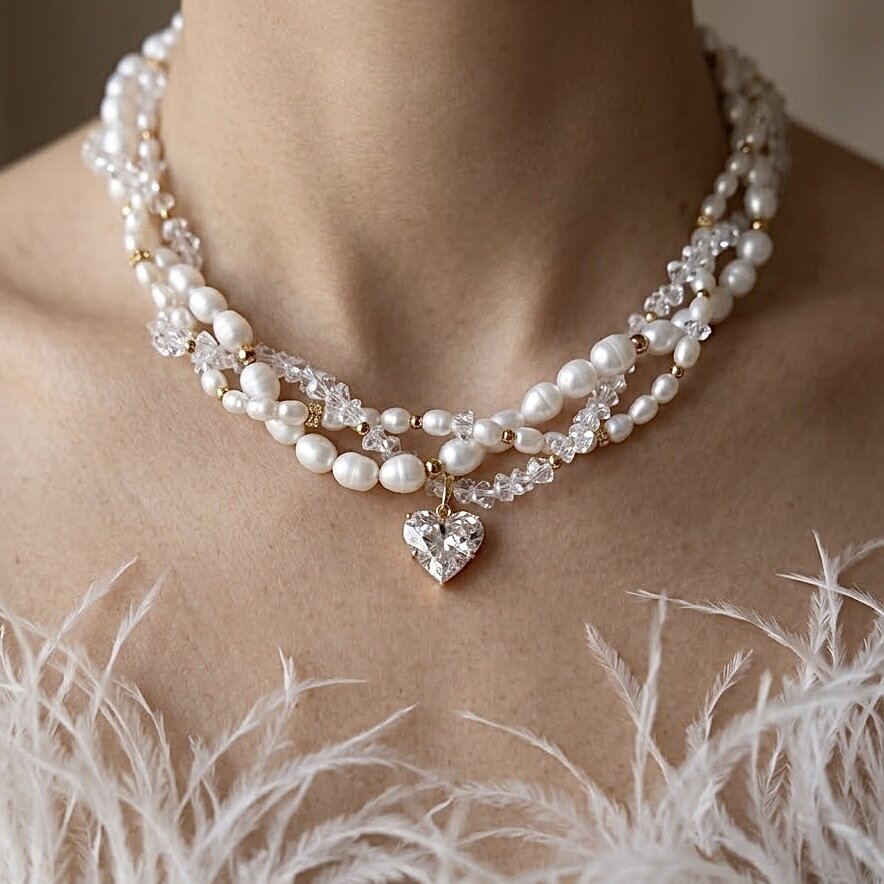 Náhrdelník “Pure love of pearls” vyrobený z riečnych perál, čírych brúsených kameňov s príveskom srdca